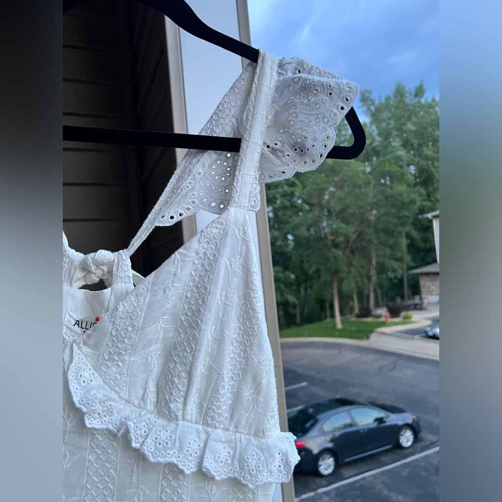 🆕Allison New York White Eyelet Cotton Ruffle Mini Dress Size S Tie Back Summer - Picture 6 of 13